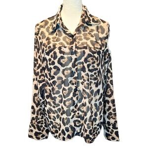 Zanzea sheer chiffon leopard long sleeve button up blouse XXL EUC